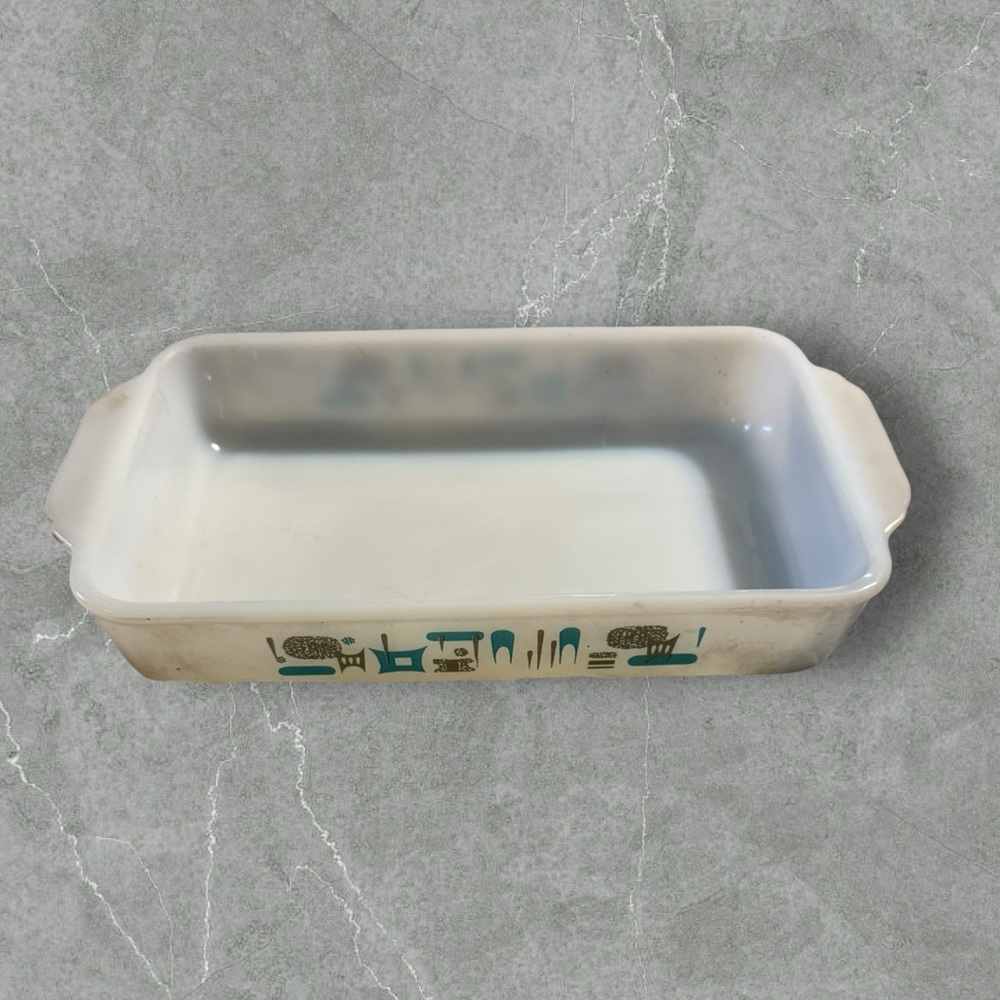 Vintage MCM Loaf Pan My Blue Heaven Fire King Atomic Milk Glass 50s-70s